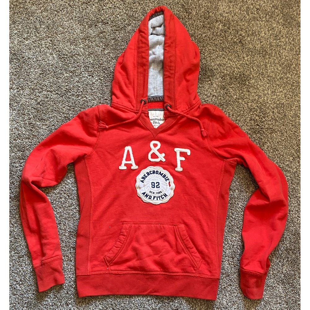 Abercrombie & Fitch Womens Red Heritage Logo Pullover Hoodie Size M AF 92 Patch